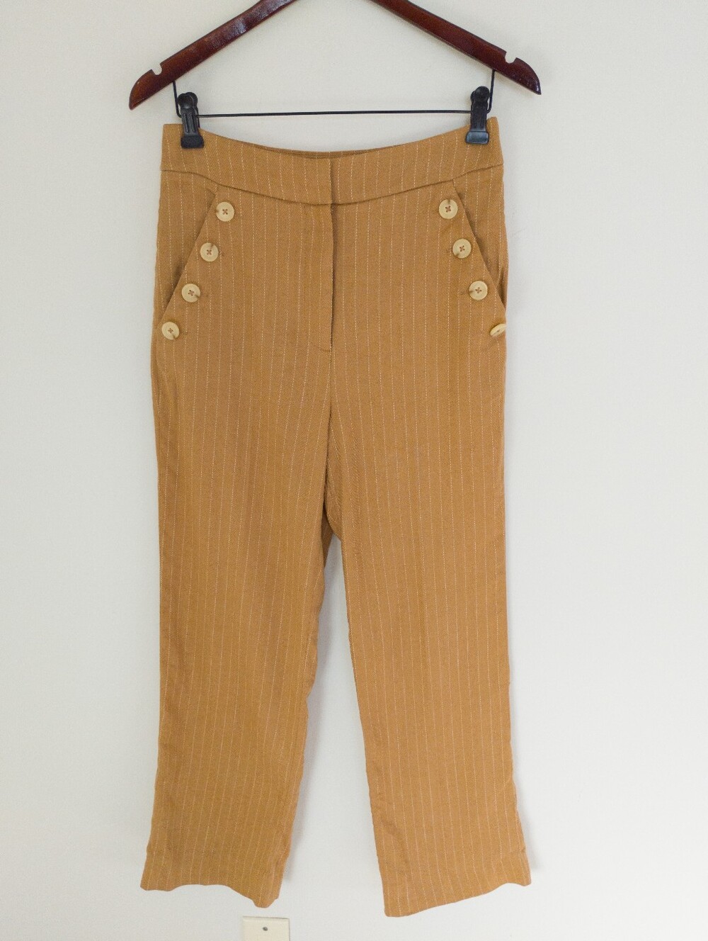 Veronica Beard Sunny Pinstripe Linen Blend High-Rise Button Wide Leg Pants 4